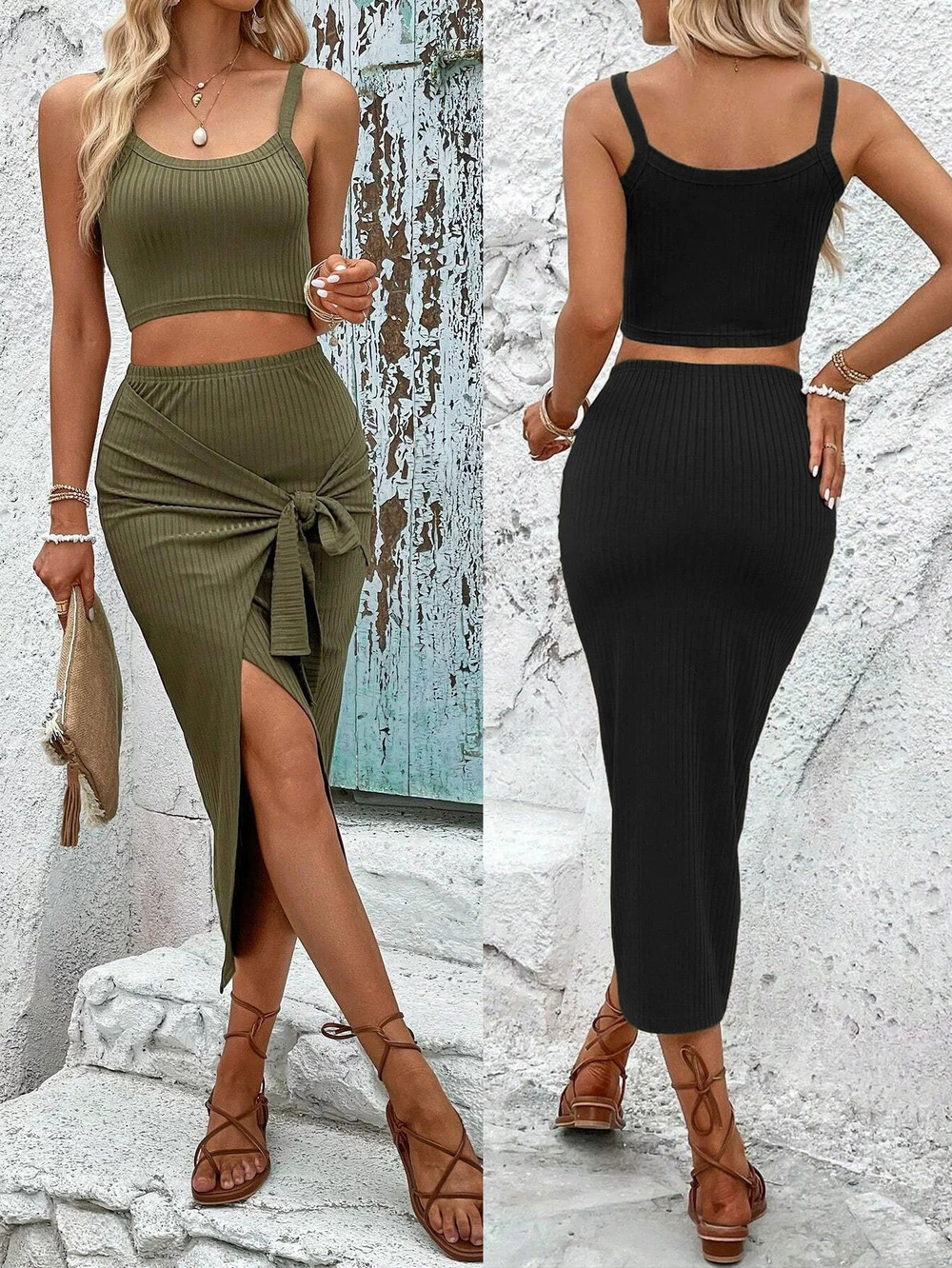 ZARA Summer Versatile Office Camisole Top Slit Skirt 2-Piece Set